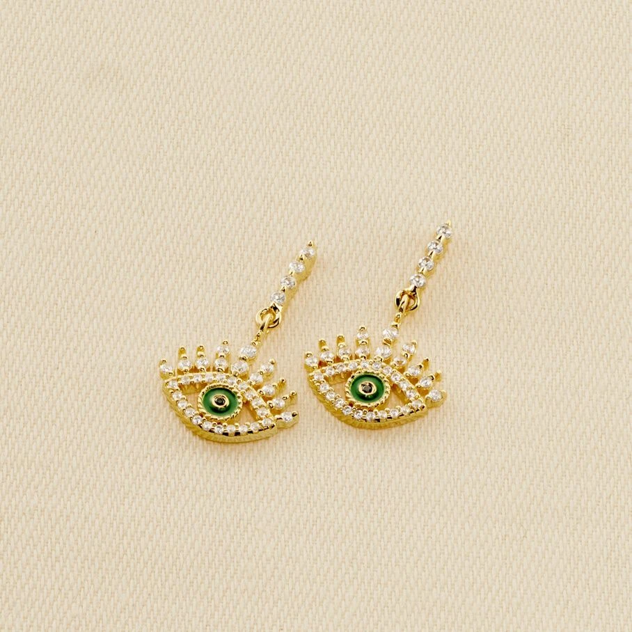 Boucles D'oreilles Pendantes LUCKY EYE - Vert / Doré 1 Boucles D'oreilles Pendantes LUCKY EYE - Vert / Doré
